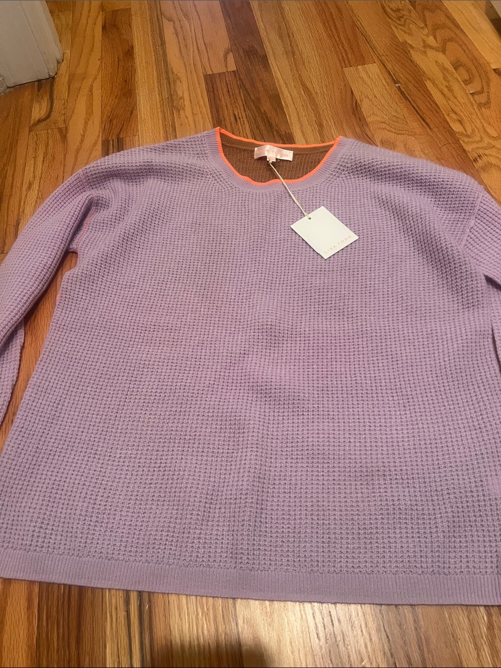 Lisa Todd Lavender Crewneck Sweater with Orange Neck Trim